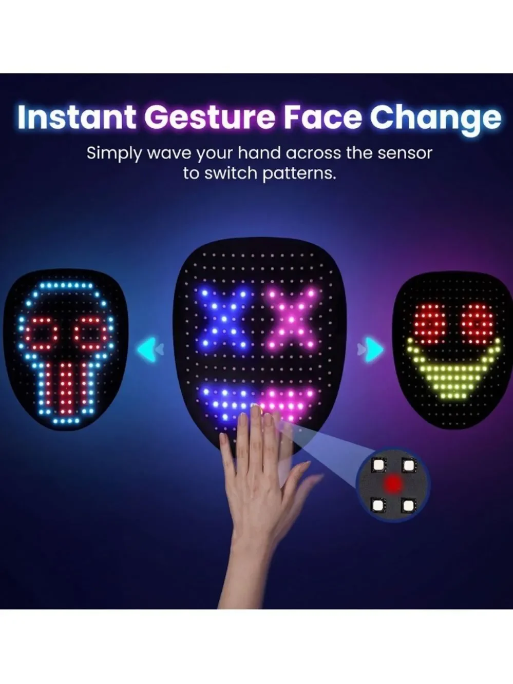 LED Light Up Face Mask with Gesture Sensing Halloween Party Rechargeable NEW